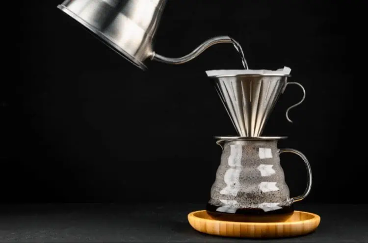 The process of brewing coffee in pour over filter